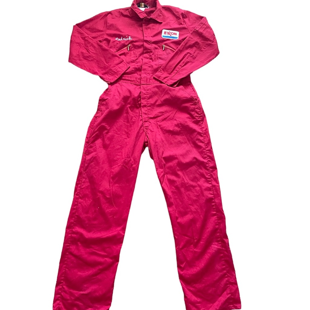 Vintage 70s red Exxon gas station tiger patch coverall jumpsuit